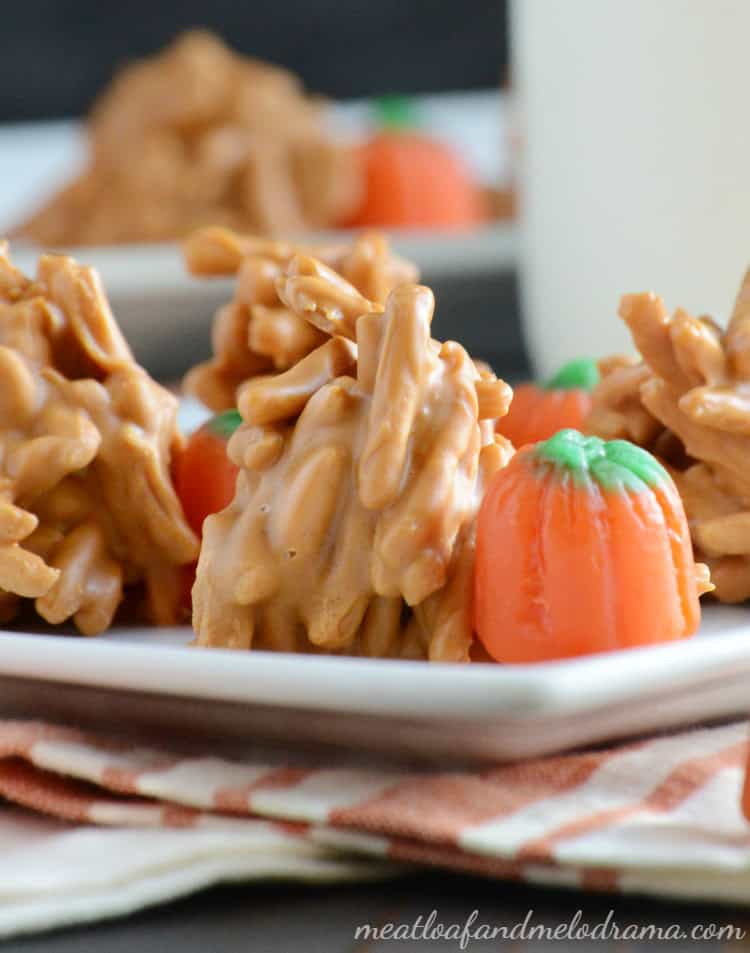 Butterscotch haystacks with candy corn pumpkins on the side for a quick fall snack