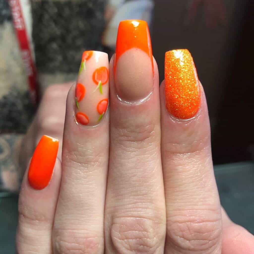 Chic summer nails featuring vibrant orange hues, from neon to burnt with glitter accents, perfect for adding a seasonal touch.