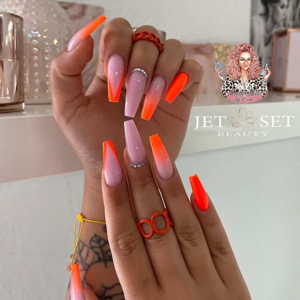 Chic summer nails featuring vibrant orange hues, from neon to burnt with glitter accents, perfect for adding a seasonal touch.