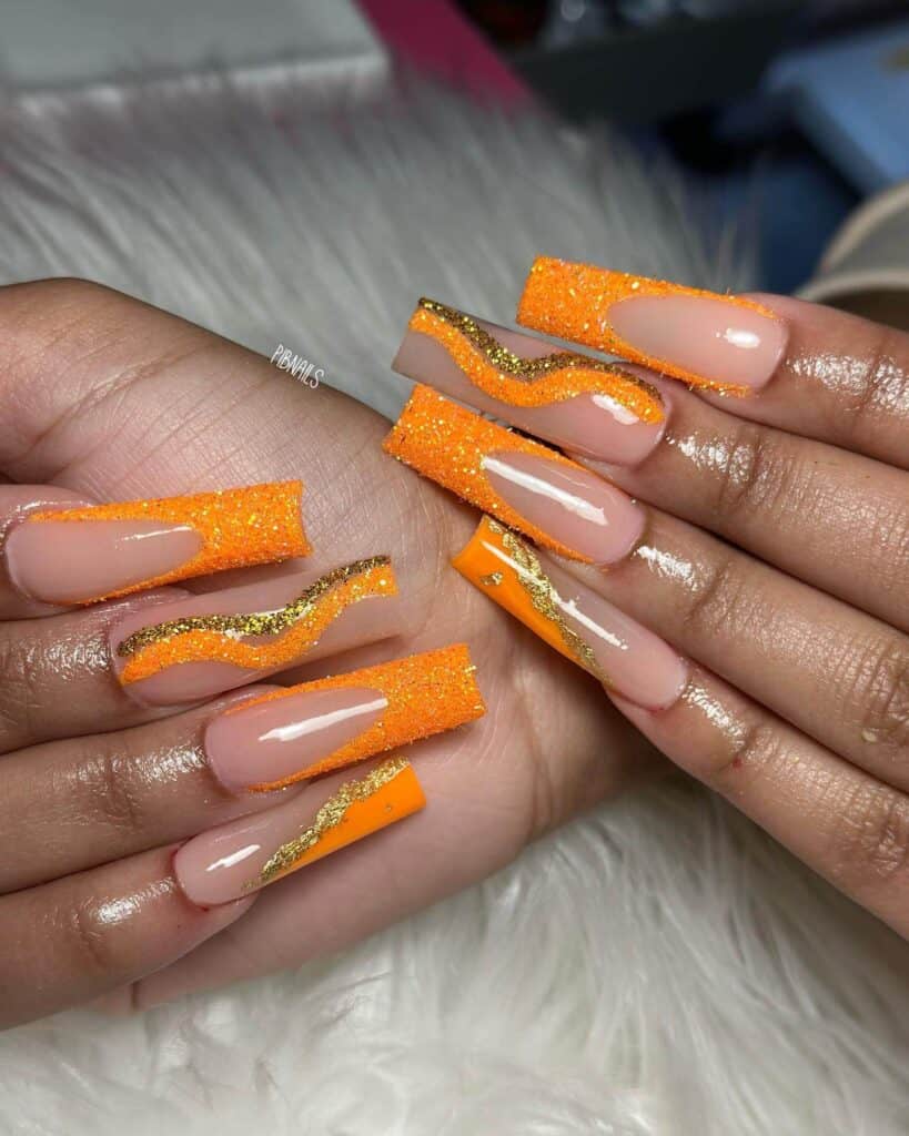 Chic summer nails featuring vibrant orange hues, from neon to burnt with glitter accents, perfect for adding a seasonal touch.